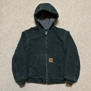 Vtg Carhartt Jacket Boys Small 6/7 Spruce Green Canvas Hooded Active YYJ169 SPC